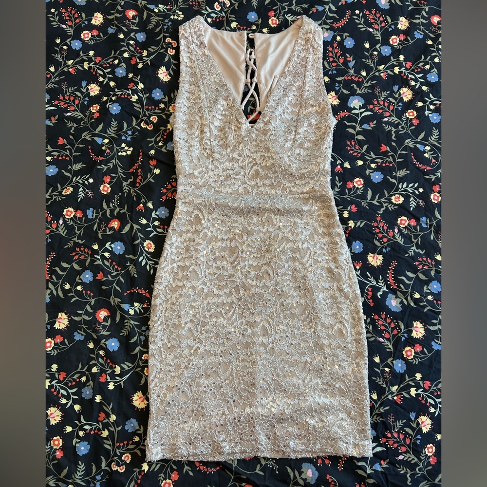 Papaya Champagne Lace Midi Dress with V-Neck